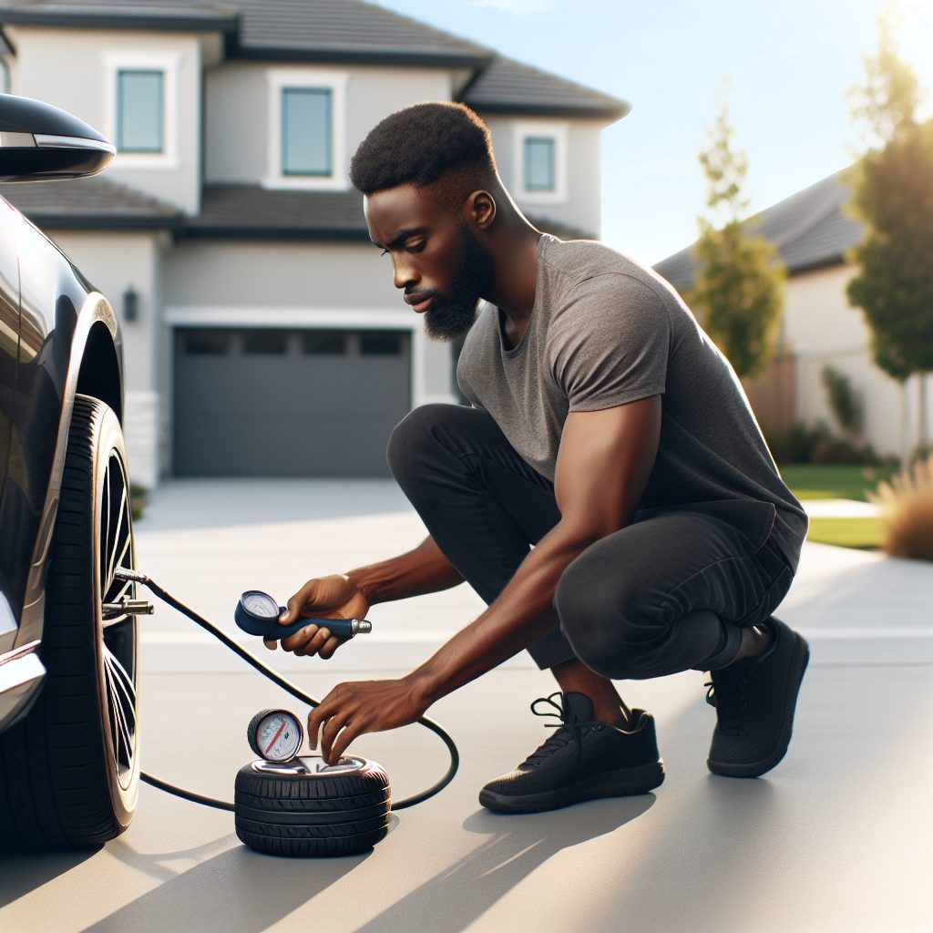 Person checking tire pressure on car - simple DIY maintenance