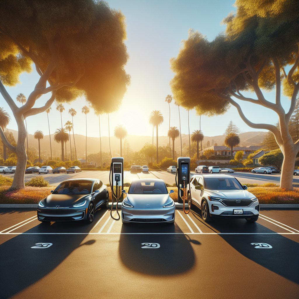 Electric, hybrid, and gas vehicles parked side by side for comparison