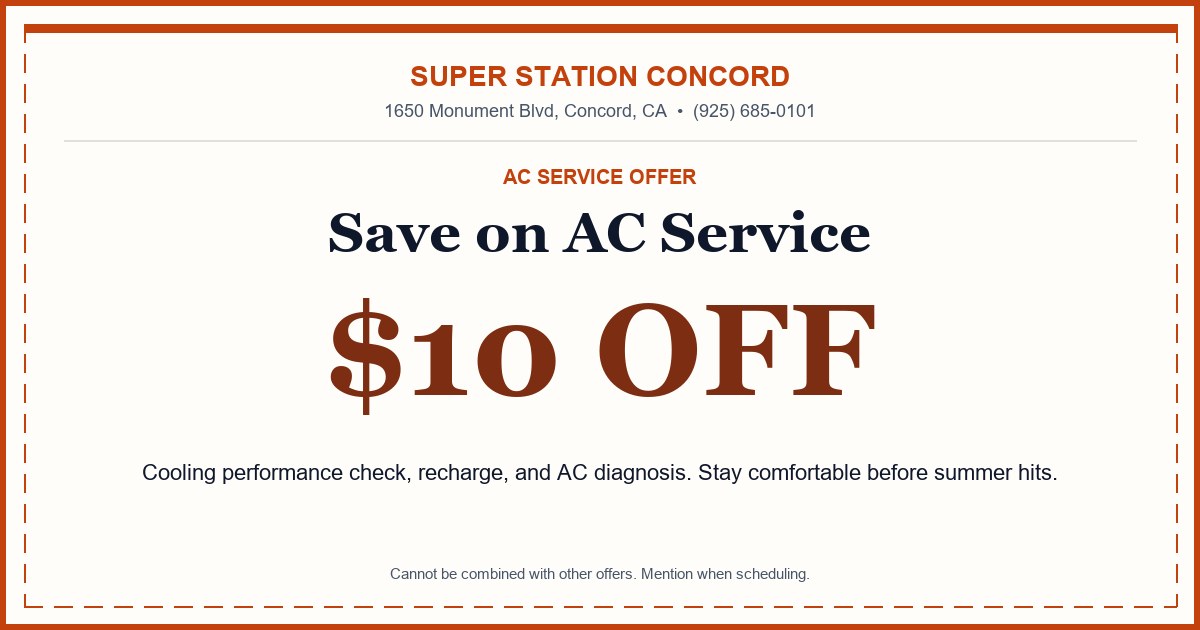 $10 off car AC service coupon at Super Station Concord auto repair shop in Concord, CA. Cooling recharge and diagnosis.