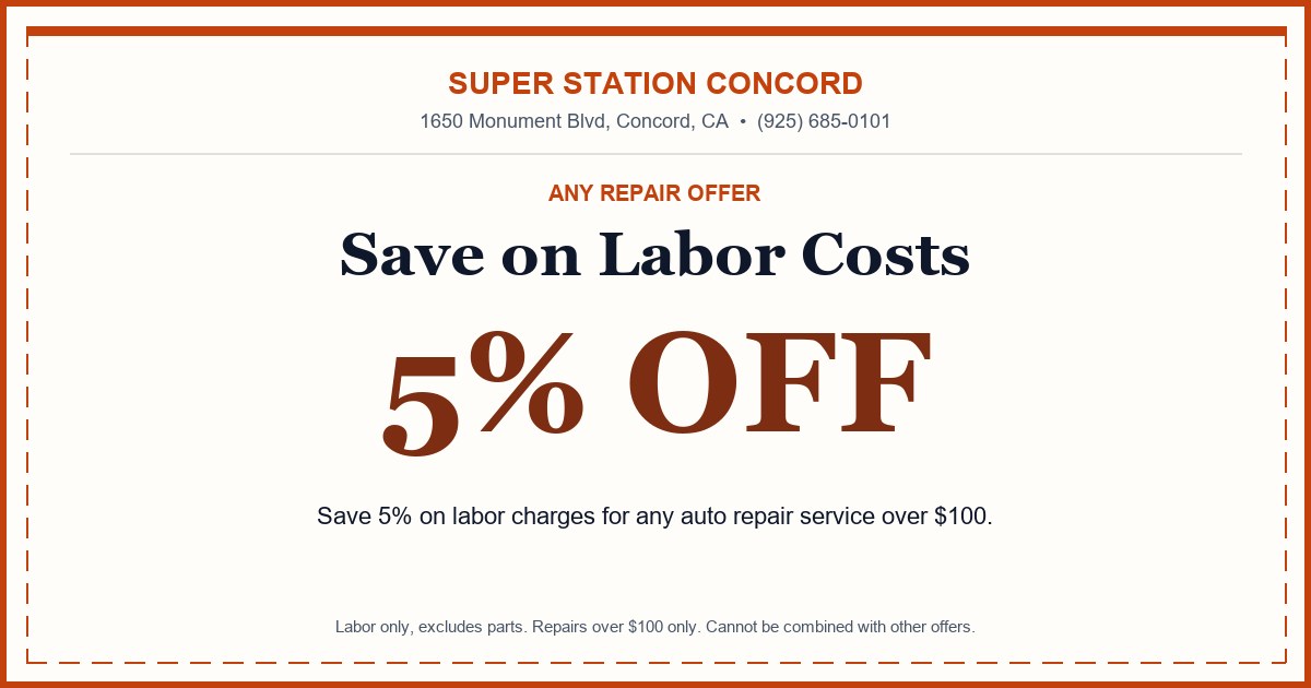 5 percent off auto repair labor coupon at Super Station Concord in Concord, CA. Valid on any repair over $100.