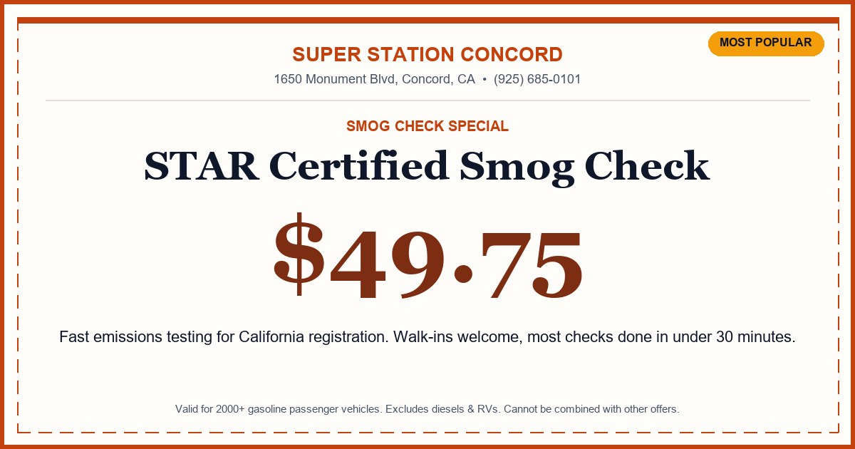 STAR Certified smog check coupon for $49.75 at Super Station Concord — 1650 Monument Blvd, Concord, CA. Valid for 2000+ gasoline vehicles.